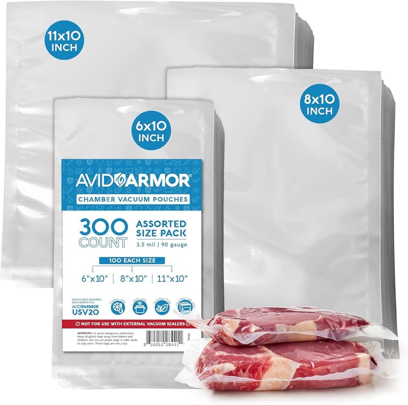 Avid Armor – Chamber Machine Pouches 3.5mil, Pre-Cut Chamber Vacuum Sealer Bags, Heavy Duty Seal Pouch, BPA-Free Chamber Sealer, Assorted Size Pack, 6"x10", 8"x10", 11"x10" - Pack of 300 - Image 1